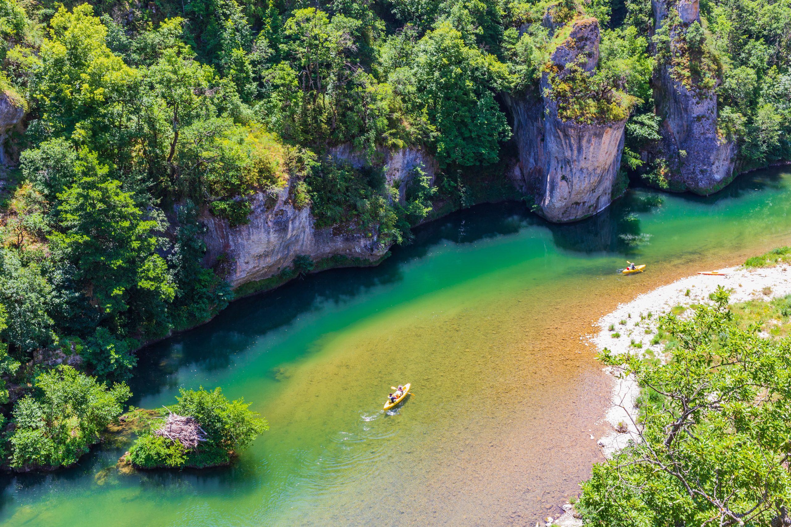 Vallée du Tarne paysage naturel impressionnant, constitué d'un cours d'eau sinueux bordé par une végétation dense. La rivière est calme, avec des nuances de vert et de bleu dans l'eau, qui reflètent la végétation environnante. Sur la rive, on aperçoit une petite plage de sable, avec des zones herbeuses et un arbre à gauche, dont les racines sont partiellement immergées dans l'eau. Deux personnes sont visibles sur l'eau, en train de pagayer dans un kayak jaune. L'un des individus est situé à proximité du centre de l'image, tandis que l'autre se trouve plus près du bord gauche. Les deux pagayeurs sont vêtus de tenues décontractées adaptées aux activités nautiques. Ils semblent profiter d'une journée ensoleillée, ce qui est suggéré par la lumière vive et claire qui illumine la scène. Les arbres autour de la rivière sont principalement d'un vert vif, bien que quelques rochers et formations rocheuses émergeant de la végétation ajoutent une touche de gris et de brun. À l'arrière-plan, de grandes formations rocheuses se dressent sur les bords de la rivière, leur couleur grise contraste avec le vert des arbres. L'ombre des montagnes se reflète légèrement sur l'eau. La lumière du soleil accentue les textures de la végétation et de l'eau, créant des jeux de lumière sur la surface aquatique. L'environnement global semble calme et paisible, typique d'une activité de loisirs en pleine nature, comme le kayak.
